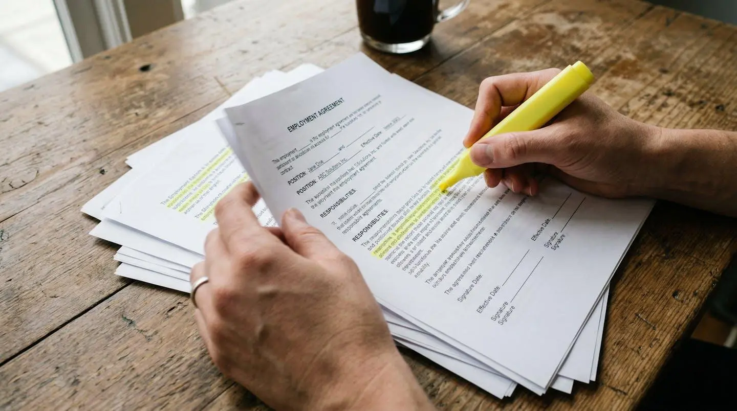 Des mains feuilletant des documents administratifs avec un stylo surligneur jaune, sur une table en bois