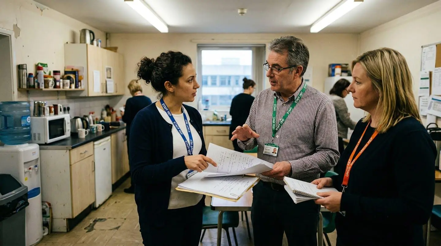 Trois personnes en réunion dans une salle de pause, discutant avec des documents en main, badges visibles suggérant des élus du CSE