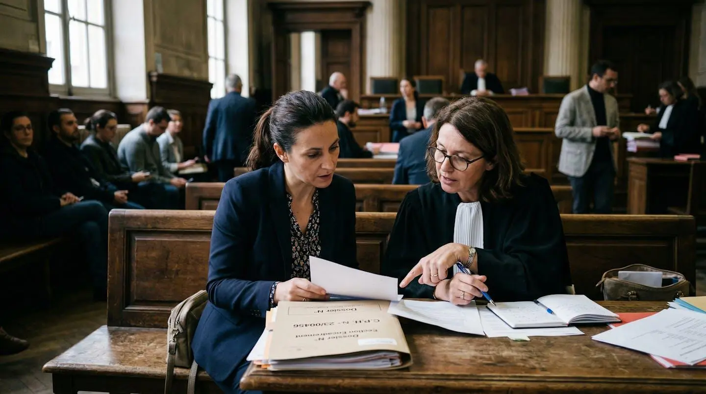 Un salarié assis dans une salle d'audience des prud'hommes, consultant des documents avec son avocat