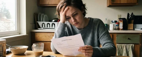 Une personne assise à une table de cuisine regarde une lettre de licenciement ouverte, l'air préoccupé, avec une enveloppe posée devant elle