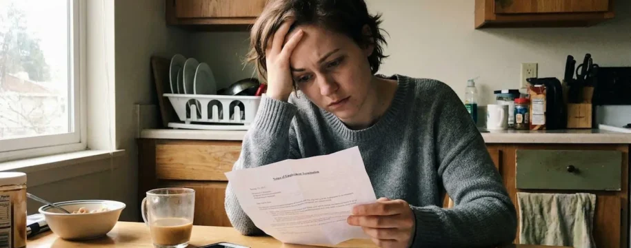 Une personne assise à une table de cuisine regarde une lettre de licenciement ouverte, l'air préoccupé, avec une enveloppe posée devant elle