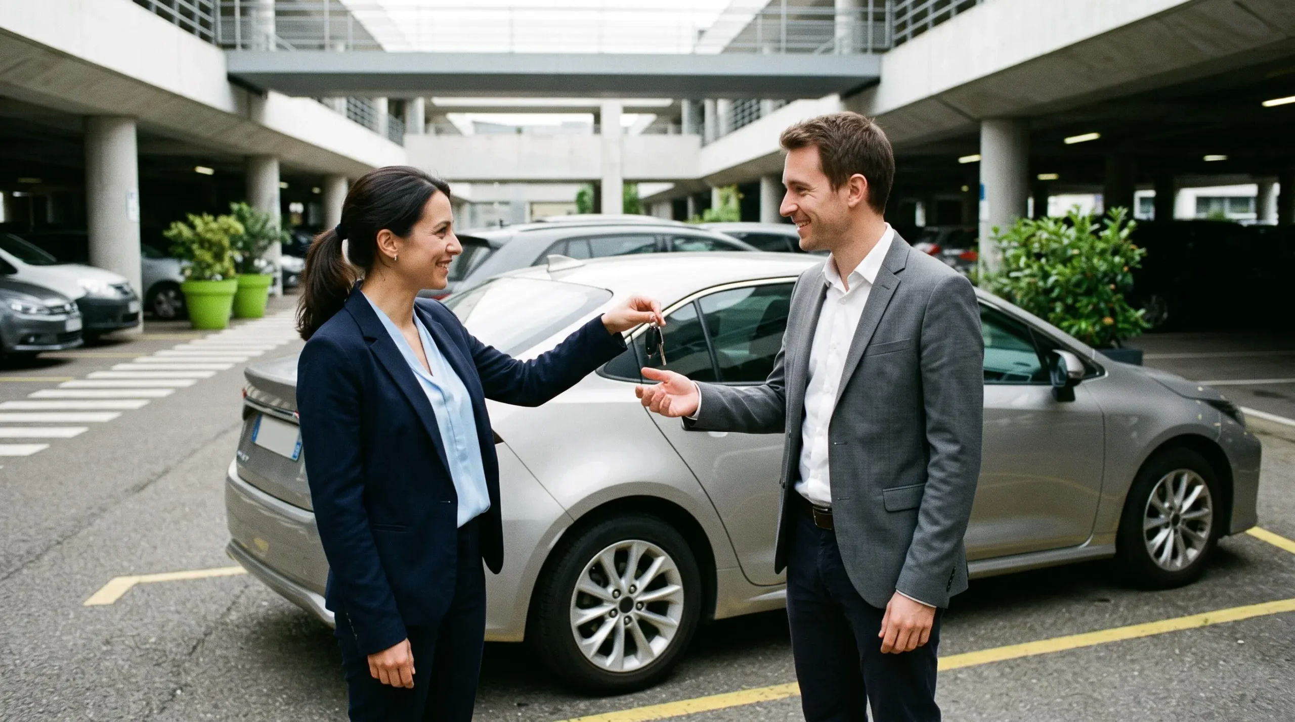 Remise de clés de véhicule de fonction entre responsable RH et salarié dans un parking d'entreprise