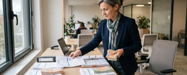 Responsable RH organisant des documents d'avantages salariés et tickets restaurant sur son bureau