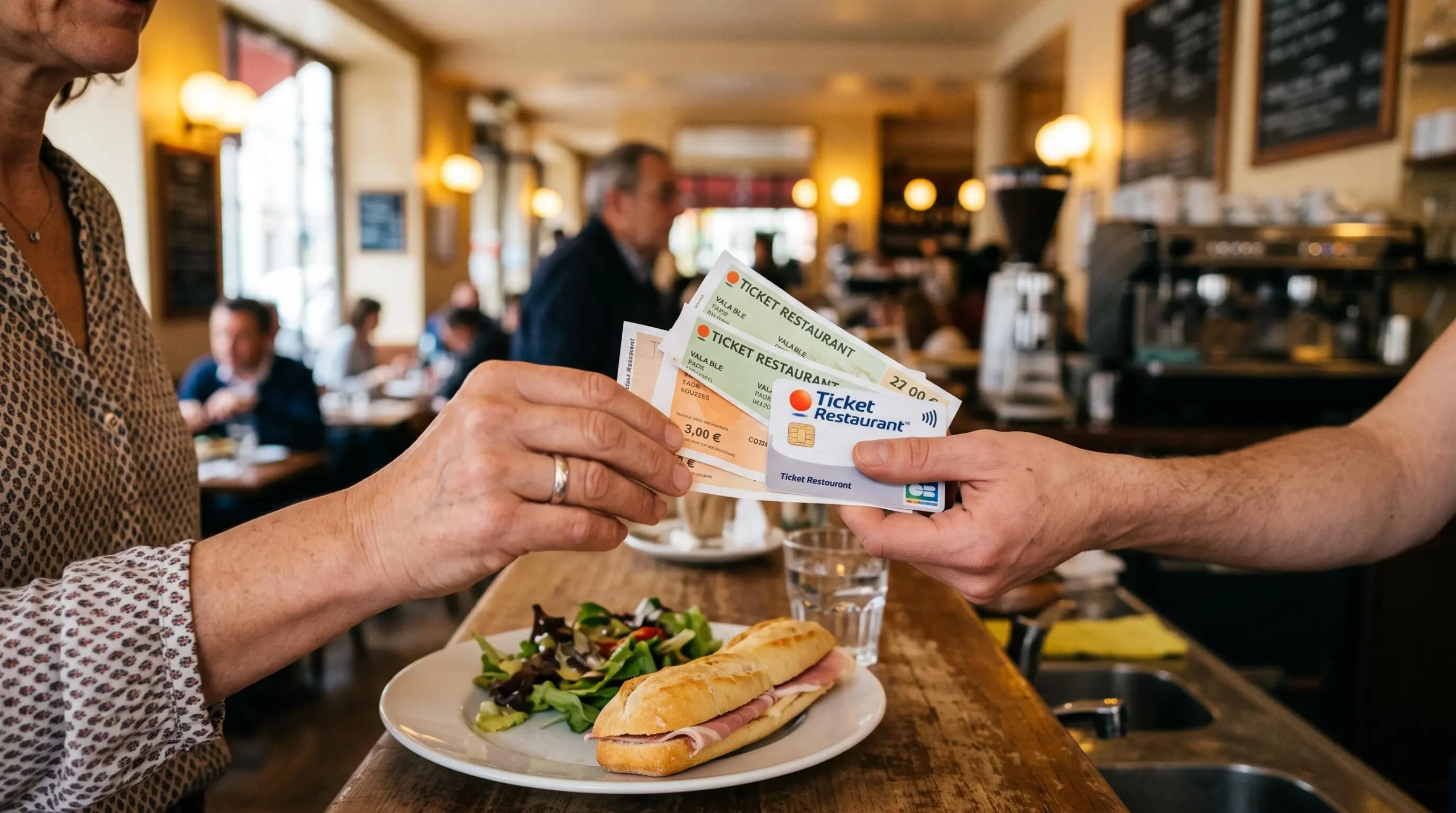 Mains d'un salarié présentant des tickets restaurant pour payer son repas dans une cafétéria